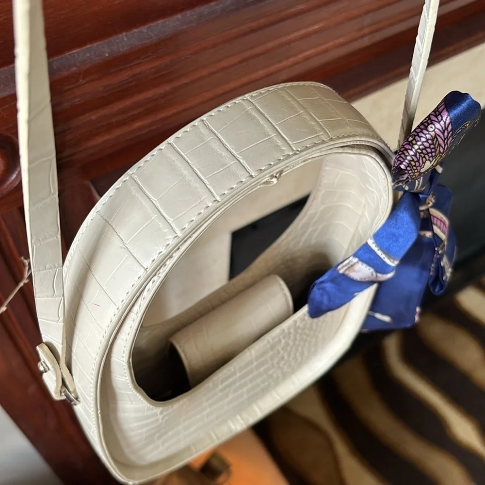 A New Day Cream Faux Crocodile Structured Crossbody Purse w/ Blue Nautical Twill - Picture 8 of 15